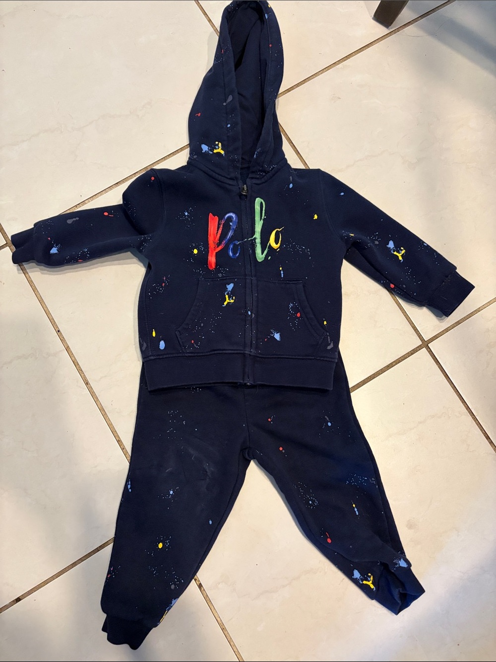 Polo Navy Hoodie & Jogger Set with Multicolor Paint Splatter